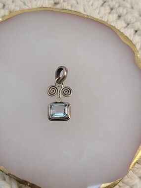 Blue Topaz Pendant Sterling Silver Spiral Design Rectangle Gemstone 1"
